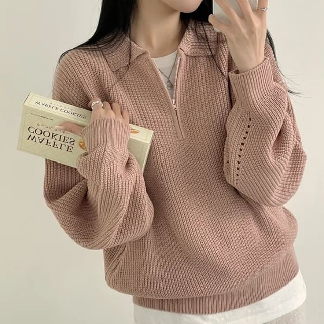 MIKIGA-Collared Half Zip Oversized Knit Top