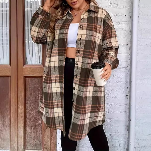 PlusPretty-Plus Size Long-Sleeve Plaid Tunic Shirt