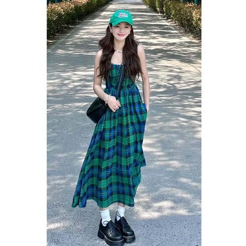 Blue plaid spaghetti strap on sale dress