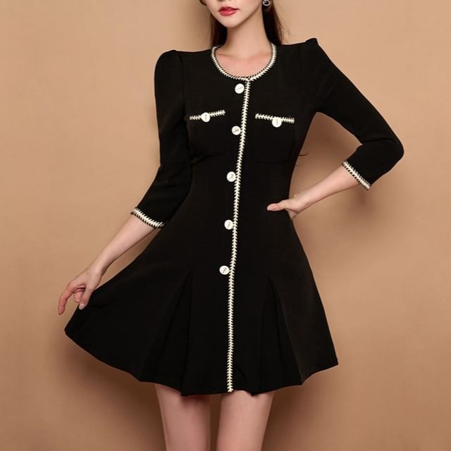 Aurora - 3/4-Sleeve Plain Contrast Trim Mini A-Line Dress | YesStyle Aurora - 3/4-Sleeve Plain Contrast Trim Mini A-Line Dress | YesStyle