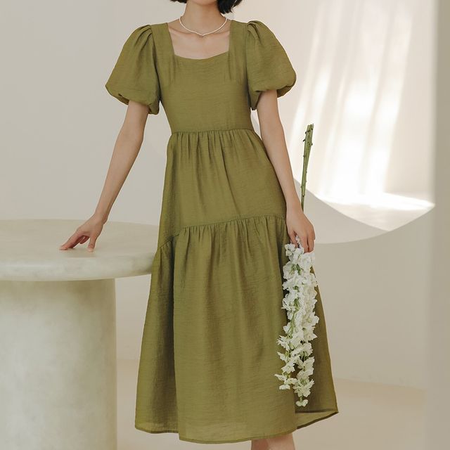 MIGU - Puff-Sleeve Square Neck Plain Tiered Midi A-Line Dress | YesStyle