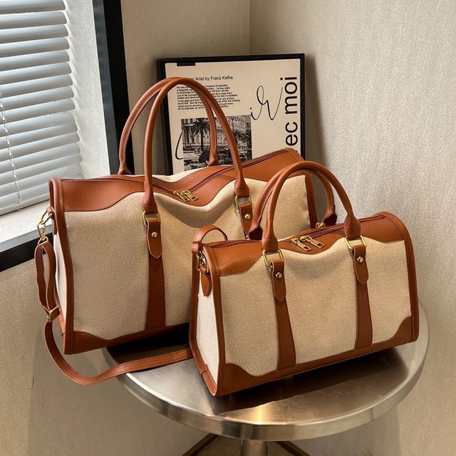 KOCORE-Faux Leather Panel Carryall Bag