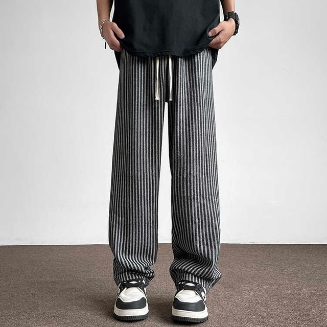 Mimiyox-Drawstring Waist Striped Wide Leg Pants