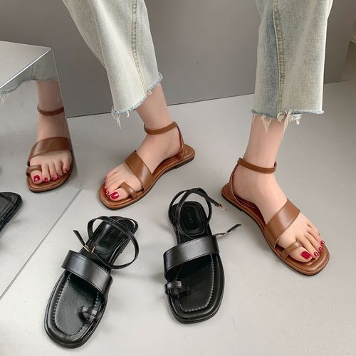 Gold Leather Greek Toe Ring Flat Buckle Strappy Sandals | Emmanuela
