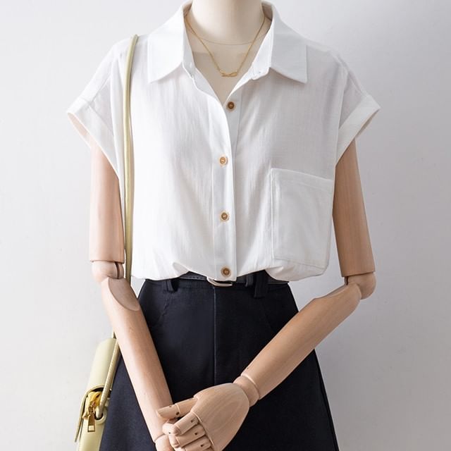 Cossita-Short-Sleeve Collared Button-Up Plain Blouse
