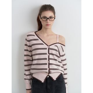 rolarola - One-Shoulder Stripe Cardigan (Pink) | YesStyle