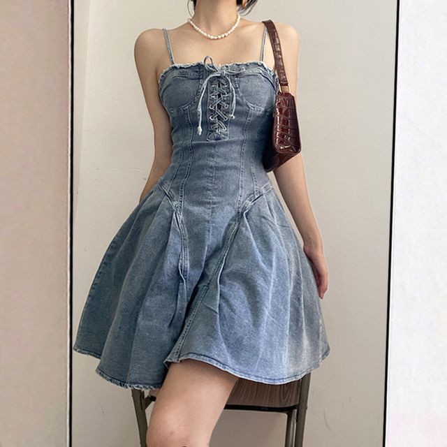 designer a line wedding dresses Indigo Cotton Denim Sleeveless A-Line Mini Dress 44