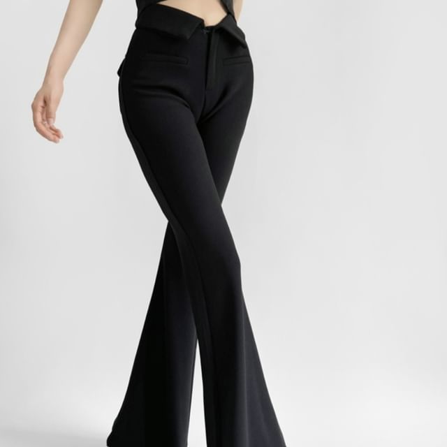 Ulark-High Waist Folded Waistline Plain Flared Pants