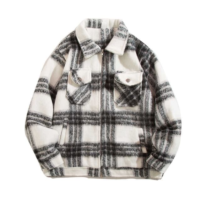 Yelmenor-Collar Plaid Pocket Detail Zip Jacket