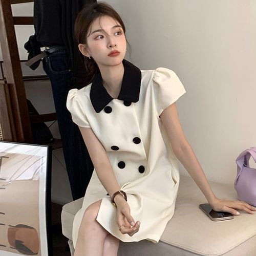 Short-Sleeve Collar Two Tone Double-Breasted Mini Dress