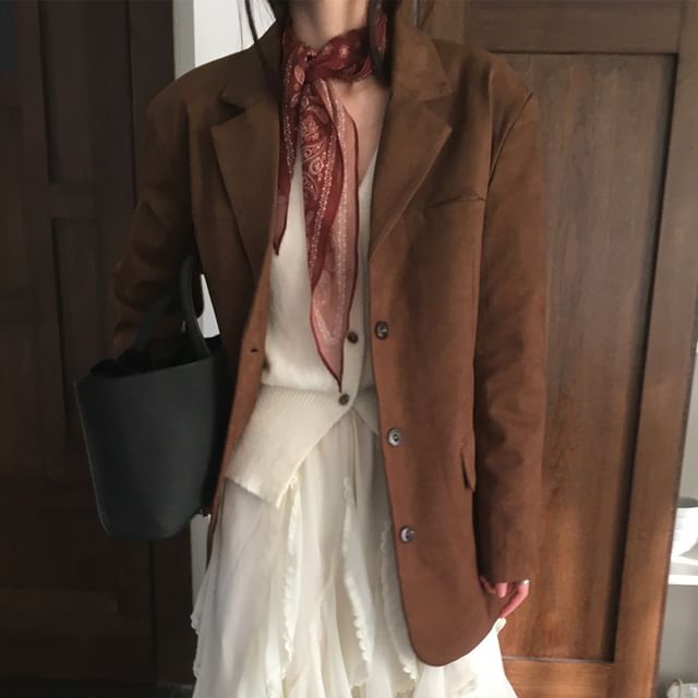 Jesong-Notch Neck Plain Faux Suede Single Breasted Blazer
