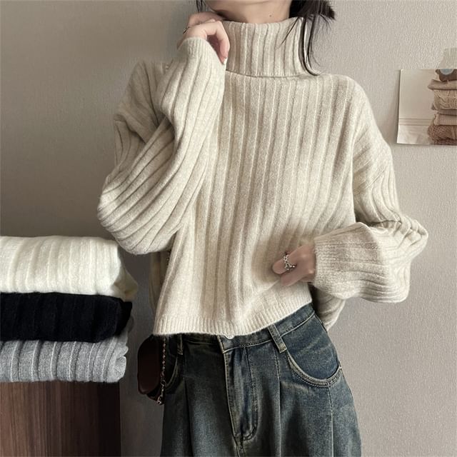 Odestra-Turtleneck Plain Ribbed Sweater