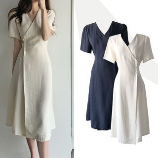 Accola Short-Sleeve Asymmetrical V-Neck Plain Wrap Midi A-Line Dress