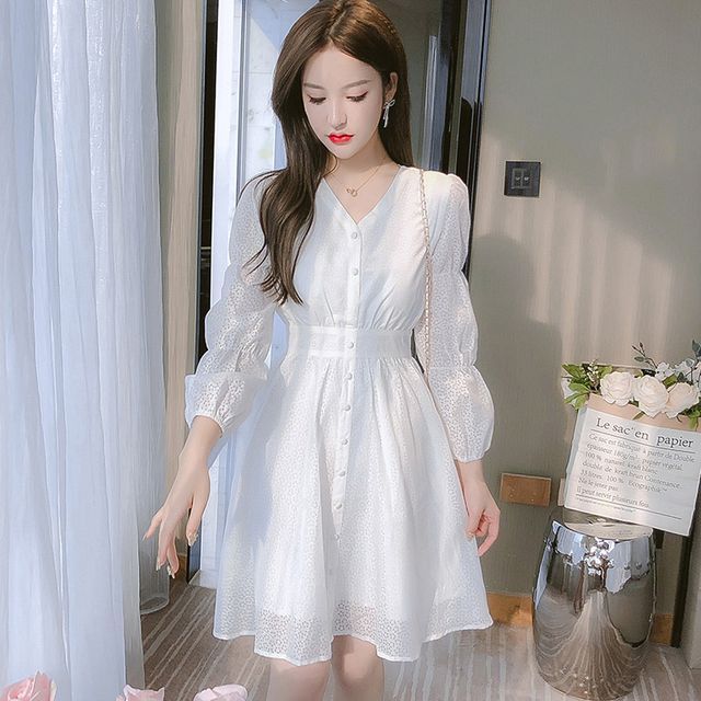 BEAUSY - Long-Sleeve V-Neck Plain Chiffon Dress | YesStyle