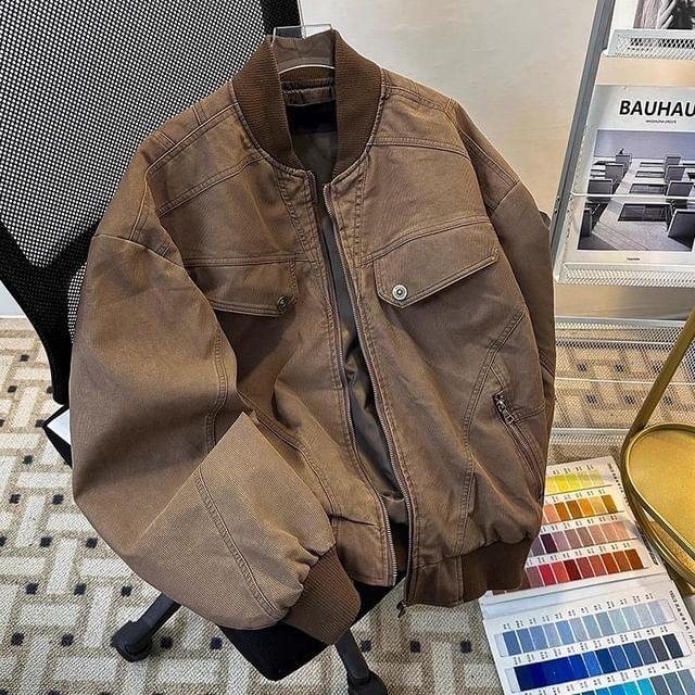 Diphon-Stand Collar Plain Zip-Up Cargo Jacket