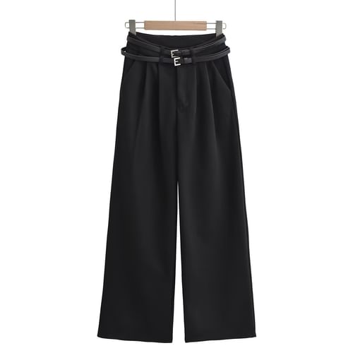 Set: High Waist Plain Wide Leg Slacks + Belt