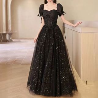 Ferim Puff Sleeve Sweetheart Neckline Mesh A-Line Evening Gown Sale