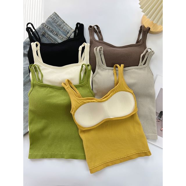 DIYI-Plain Ribbed Knit Padded Camisole Top