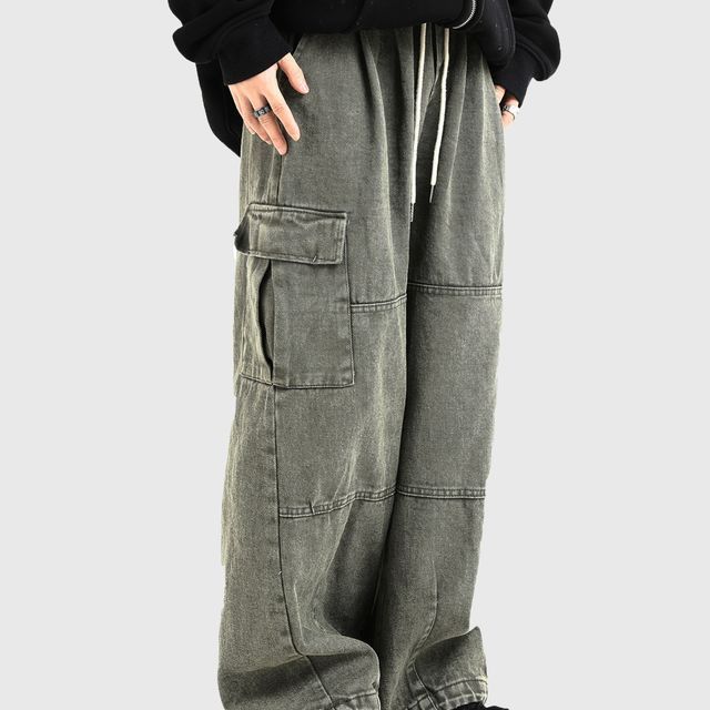 INStudio-Mid Rise Washed Wide Leg Cargo Pants