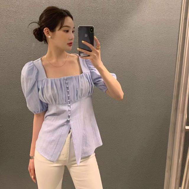 Everose-Short-Sleeve Square Neck Plain Ruched Blouse