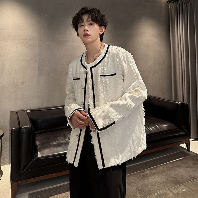 ravewider-Round Neck Two Tone Fringed Button Jacket