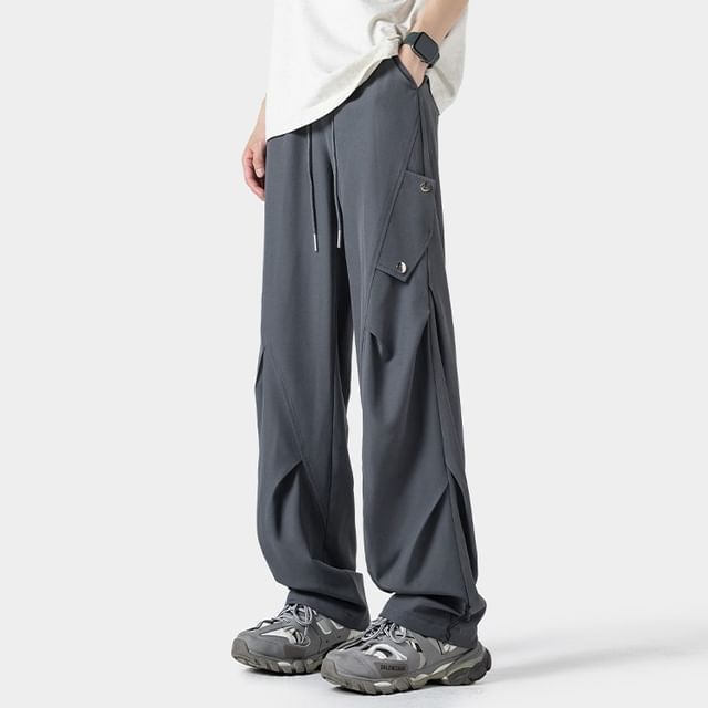 Wolfkane-Drawstring Waist Plain Straight Leg Sweatpants