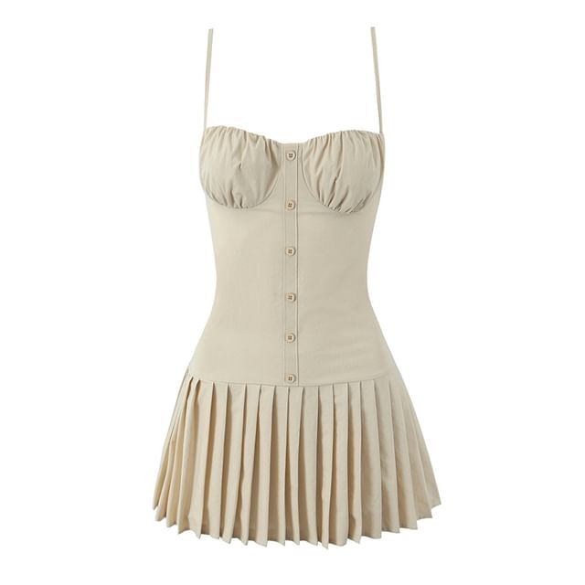 Ulark-Spaghetti Strap Plain Button Accent Ruched Pleated Mini A-Line Dress