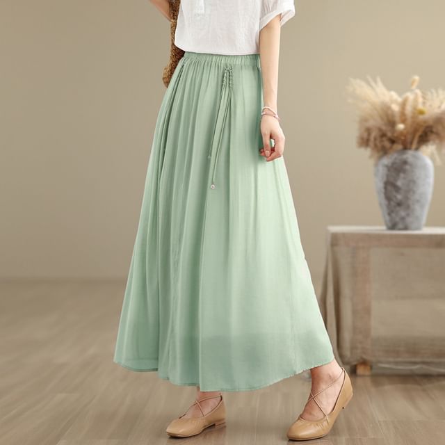 Lewwe-Elastic Waist Plain Maxi A-Line Skirt
