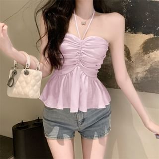 Whoosh-Plain Ruched Peplum Halter Top