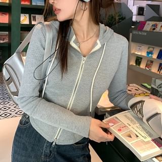 PINPI-Hooded Plain Zip Up Cropped Jacket