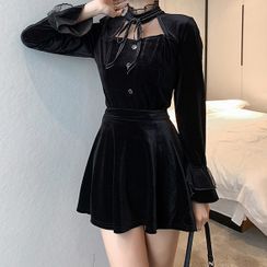 ISMY - Long-Sleeve Mini A-Line Velvet Dress