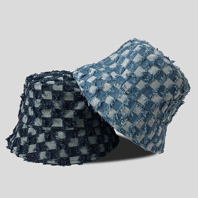 TAAK-Fringed Checker Denim Bucket Hat