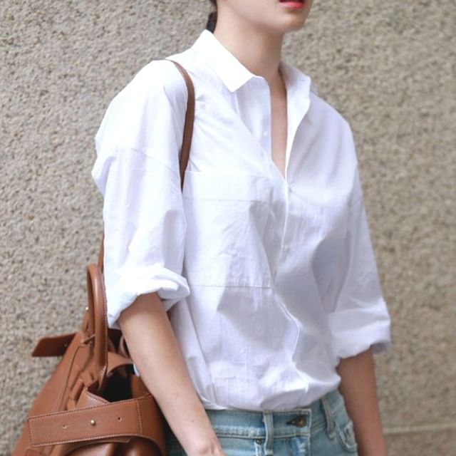 MIKIGA-Long Sleeve Collared Plain Shirt