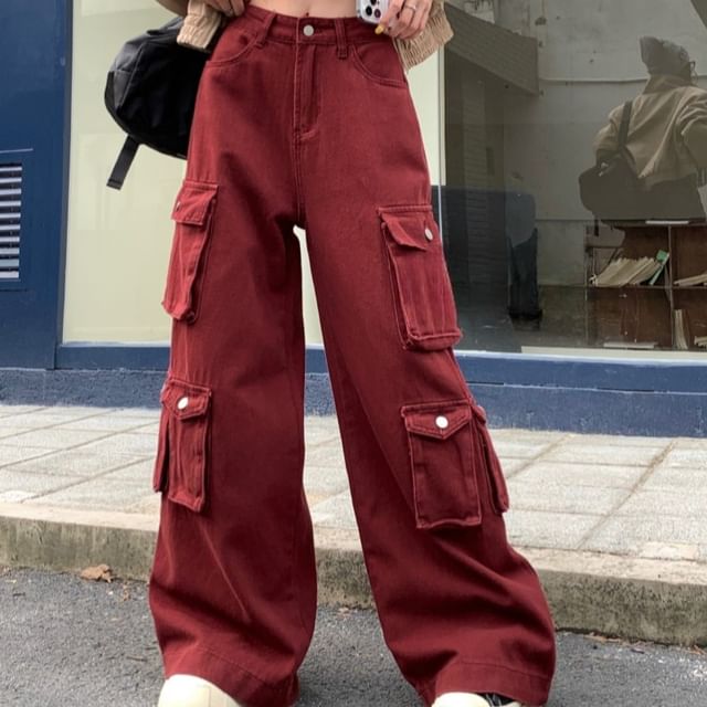 Beem-High Waist Plain Washed Wide Leg Cargo Jeans