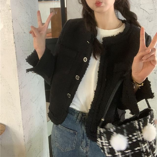 Beem-Round Neck Plain Tweed Button Jacket