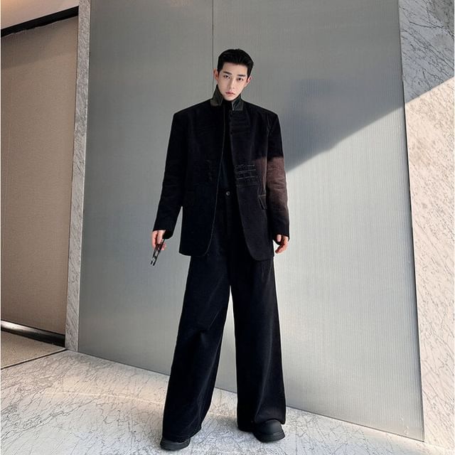 ravewider-Set Stand Collar Faux Leather Panel Frog Buttoned Blazer High Waist Plain Wide Leg Dress Pants