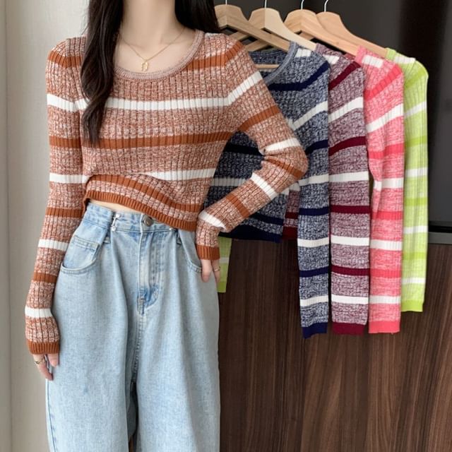 Sisyphi-Long-Sleeve Crewneck Striped Knit Top