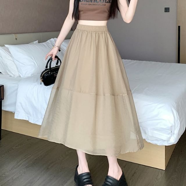 Leoom-High Waist Plain Panel Mesh Midi A-Line Skirt