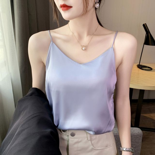 Bamela Spaghetti-Strap V-Neck Tank Top YesStyle