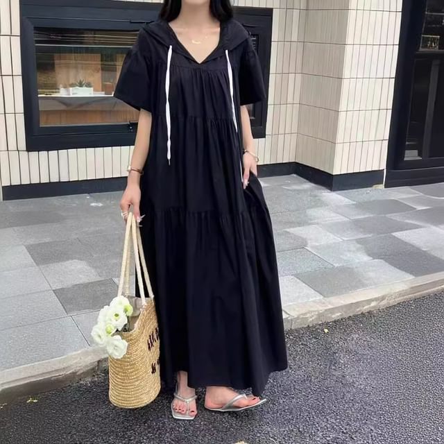 hooded short sleeve maxi dress HVOBTTY Summer Women's Short Sleeve Maxi Peplum Dress Solid Color Hooded Zip Pocket Casual Daily Cut
