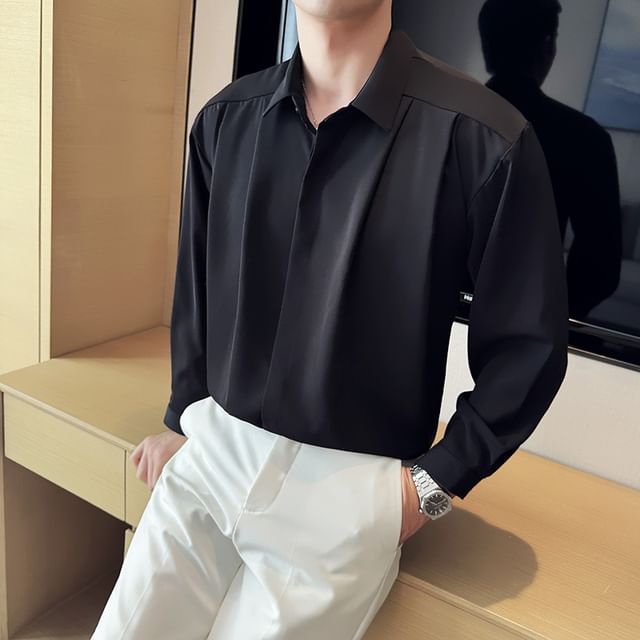 Lefitt-Long-Sleeve Pleated Plain Shirt