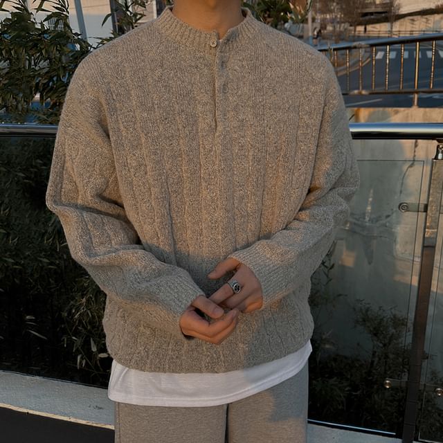 MRCYC-Henley Plain Cable Knit Sweater