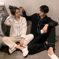 Endormi(エンドーミ) - Couple Matching Pajama Set: Long-Sleeve Contrast Piped Top + Pants Endormi(エンドーミ) - Couple Matching Pajama Set: Long-Sleeve Contrast Piped Top + Pants