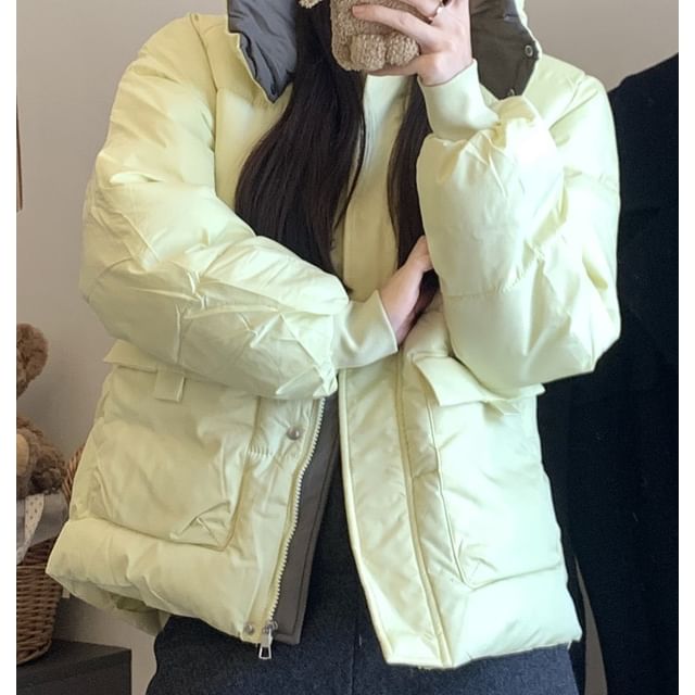 Trendycas-Plain Hooded Padded Zip Jacket