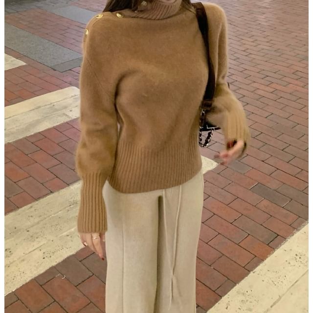 Trendycas-Turtleneck Plain Button Accent Sweater Drawstring Waist Loose Fit Pants