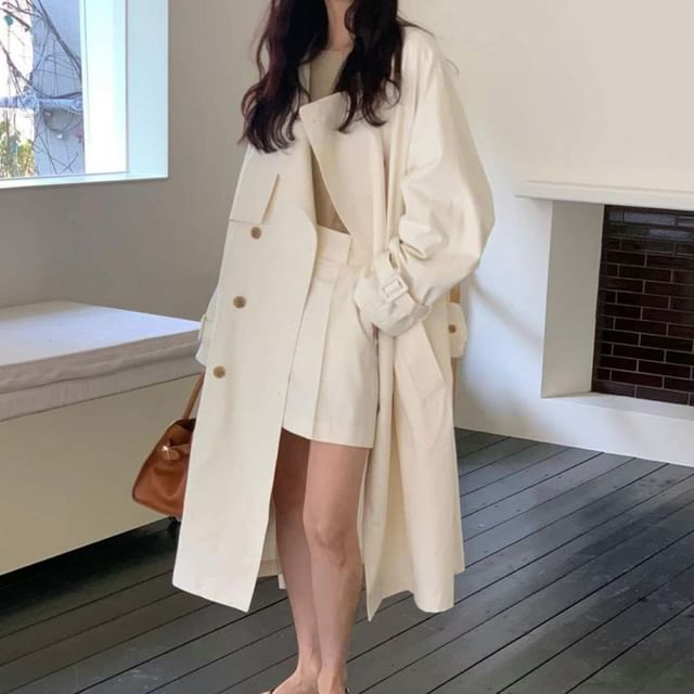 Jesong-Collared Double-Breasted Plain Long Trench Coat