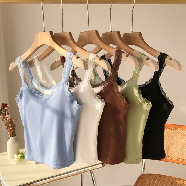 DIYI-Lace Trim Plain Crop Tank Top