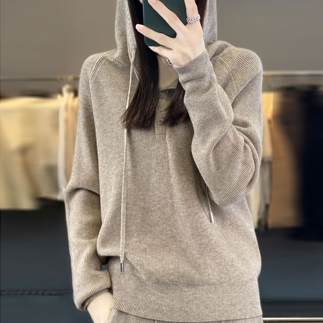 Weelop-Henley Plain Hood Ribbed Sweater