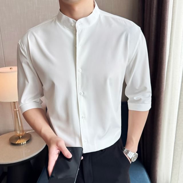 Blueforce-Elbow-Sleeve Mandarin Collar Plain Shirt