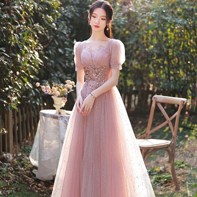 womens glitter dresses Rose Gold Glitter Floral Prom Gown main image 1